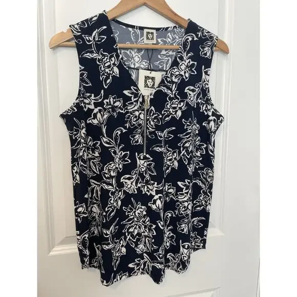 NWT Ann Klein Blouse Top Small Navy White Floral Stretch Office Career Business - Picture 2 of 6